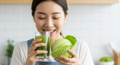 양배추를 듬뿍 넣은 믹서기의 컷