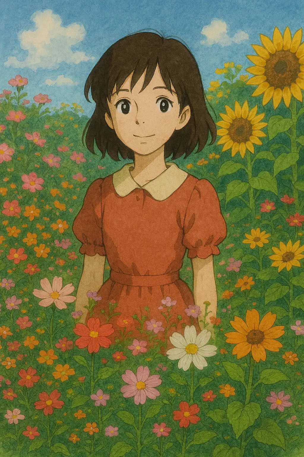 지브리 스타일의 소녀가 꽃밭에 서 있는 모습