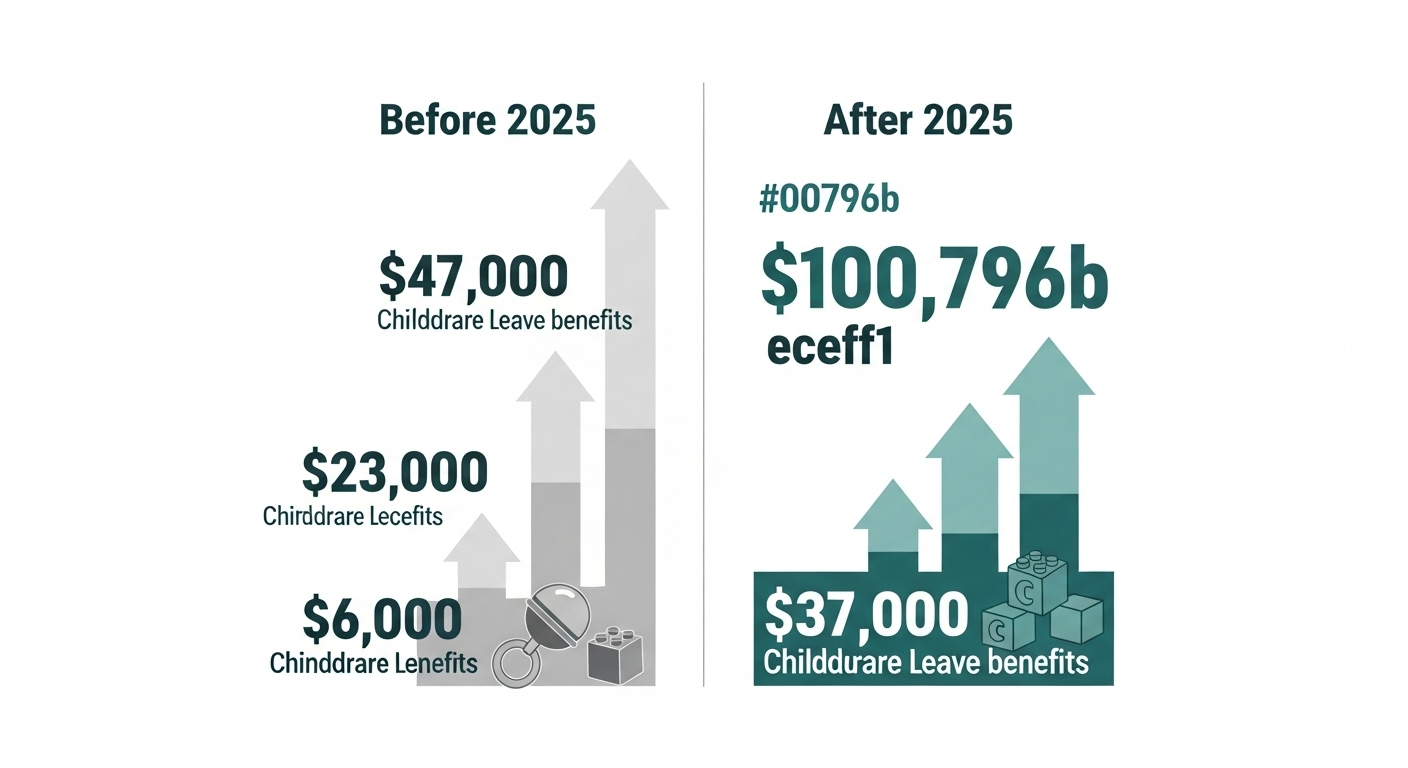 2025년 육아휴직 급여 상향 조정 전후를 비교하는 인포그래픽