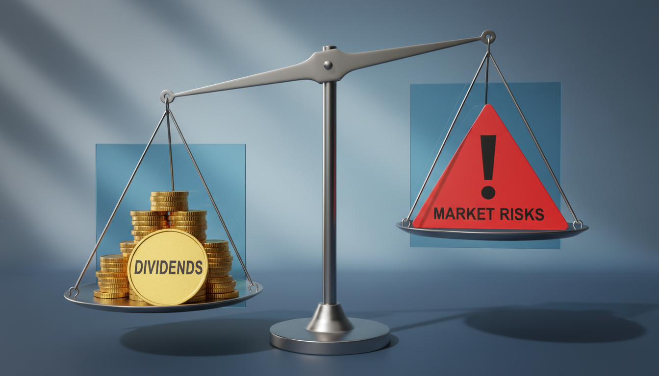 배당금을 상징하는 금화와 시장 리스크를 뜻하는 경고 표지판이 저울 위에서 균형을 맞추는 모습