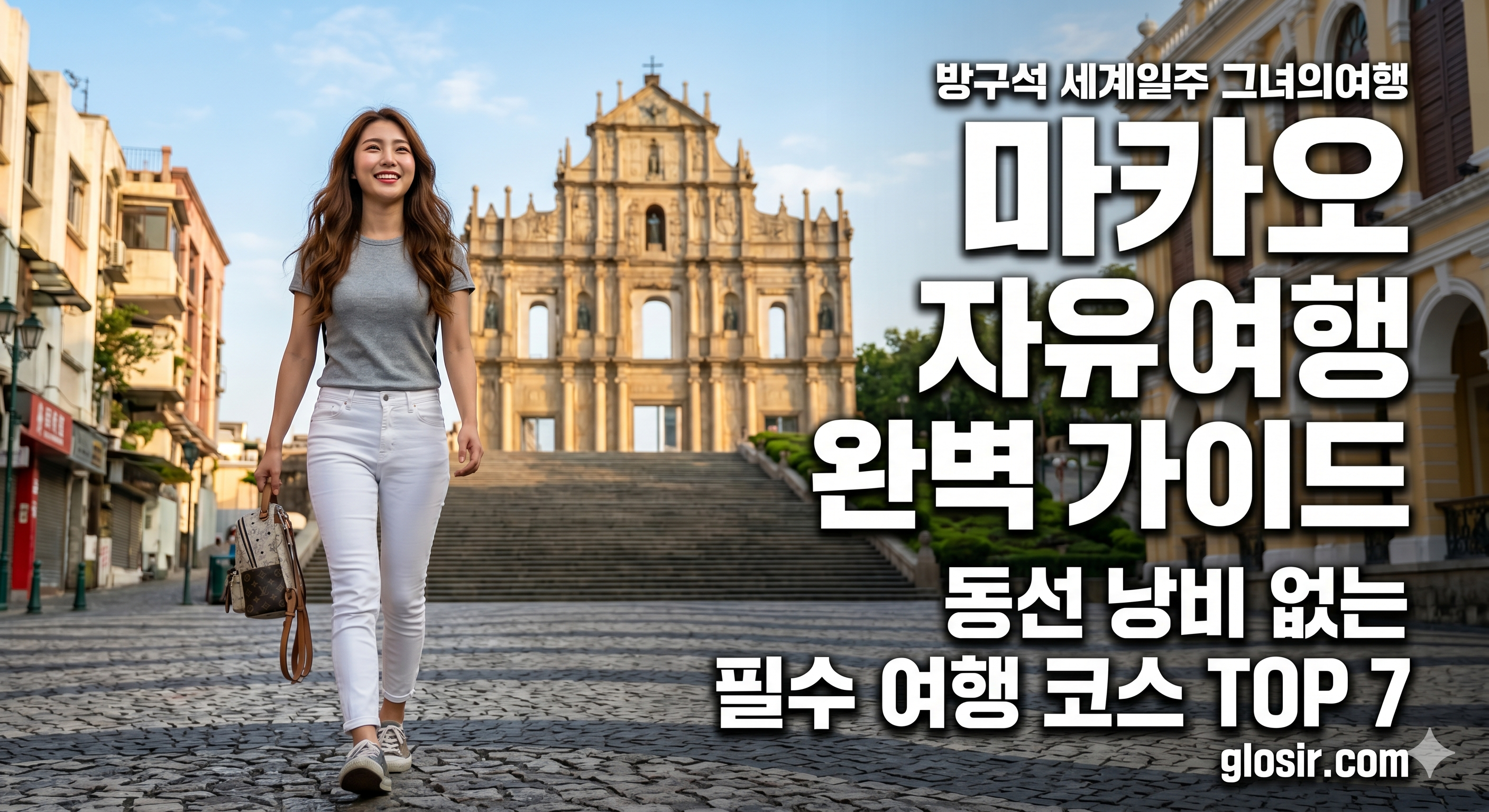마카오 성바울 성당 유적 앞에서 웃으며 걷는 한국 여성과 방구석 세계일주 그녀의여행, 마카오 자유여행 완벽 가이드 필수 코스 7, glosir.com 커버 문구