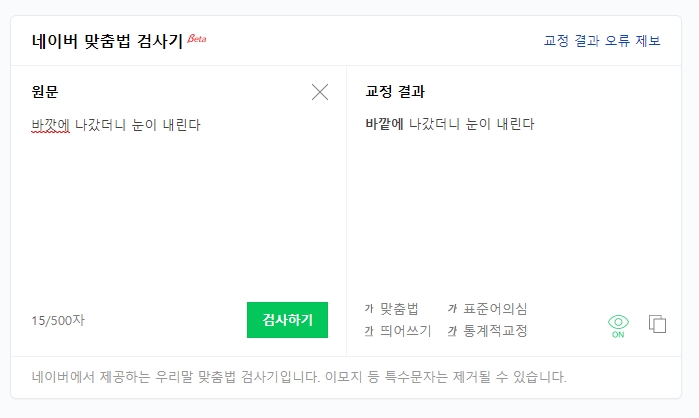밑줄과 기울임꼴로 오류가 표시된 검사 결과 화면