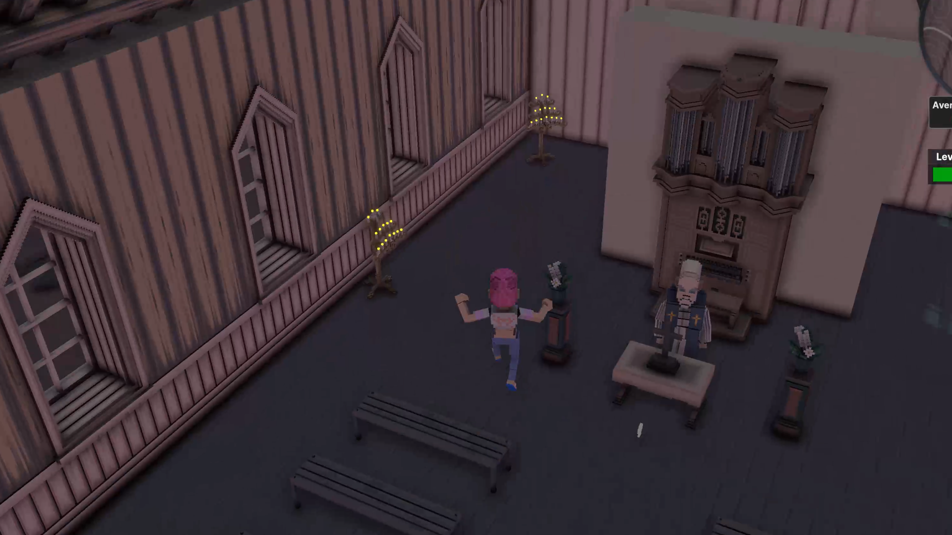 낡은 성당 안에서 뛰고 있다.