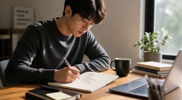 목표를 기록하며 생각을 정리하는 모습