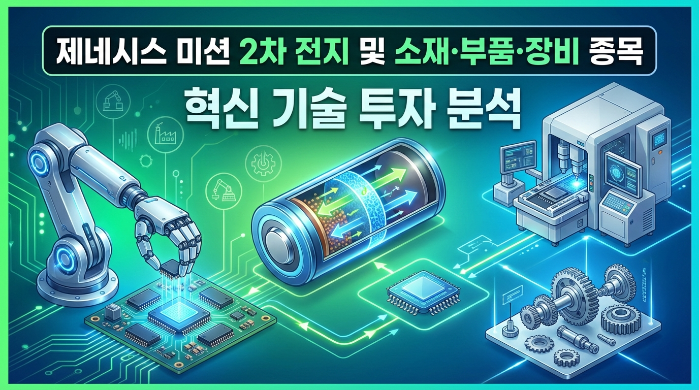 제네시스 미션 수혜 2차전지 소부장 관련주 총정리! 양극재 에코프로비엠부터 ESS 대장주 LG에너지솔루션까지. 분리막, 전해질, 동박 관련주와 2026년 투자 전략을 한눈에 확인하세요.