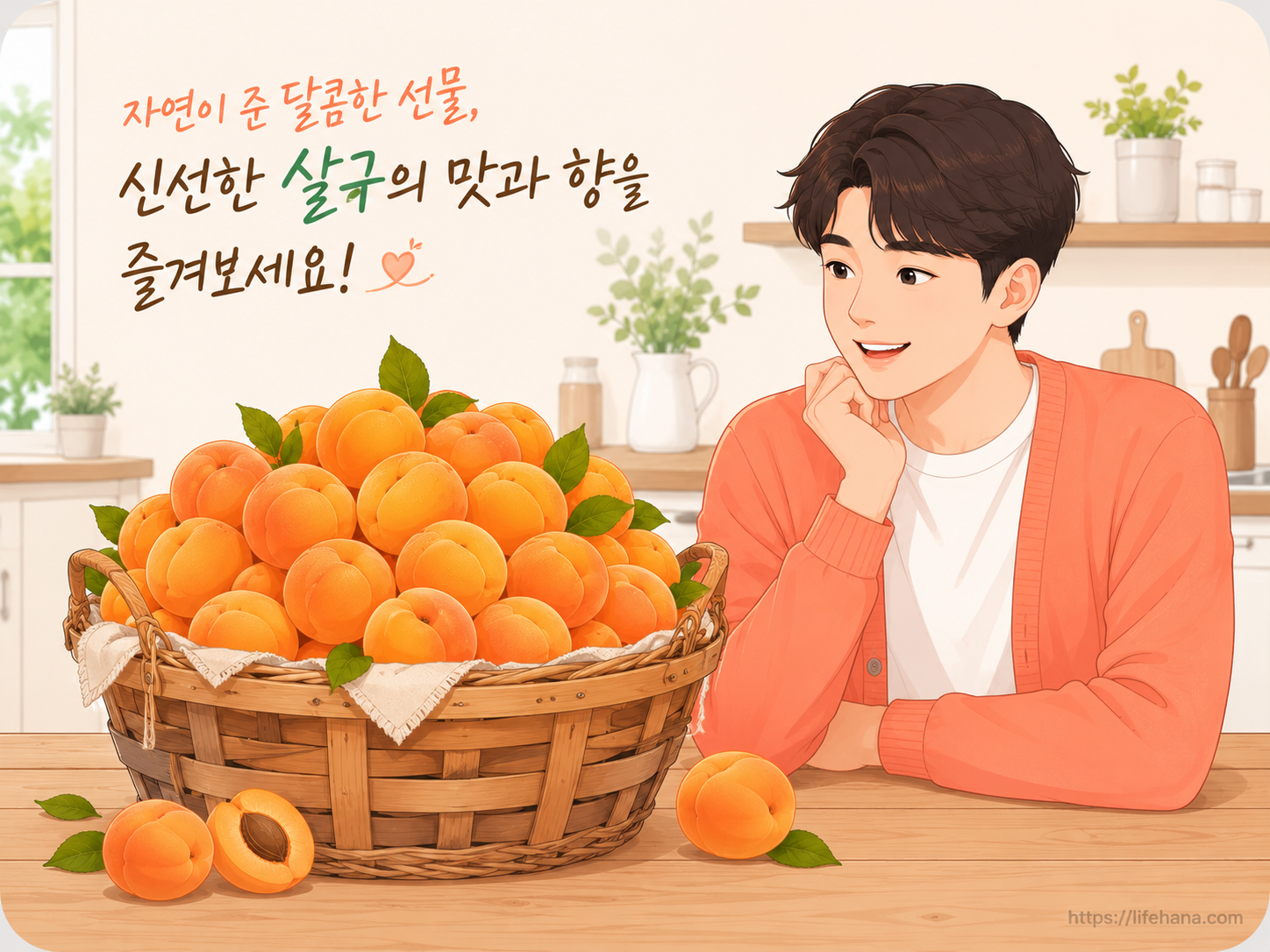 탐스럽게 열린 신선한 주황빛 살구가 담긴 바구니 이미지