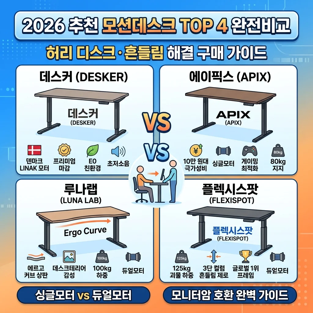 2026 가성비 전동 모션데스크 추천 TOP 4 에이픽스 데스커 루나랩 플렉시스팟 비교 허리 디스크 스탠딩 책상 구매 가이드