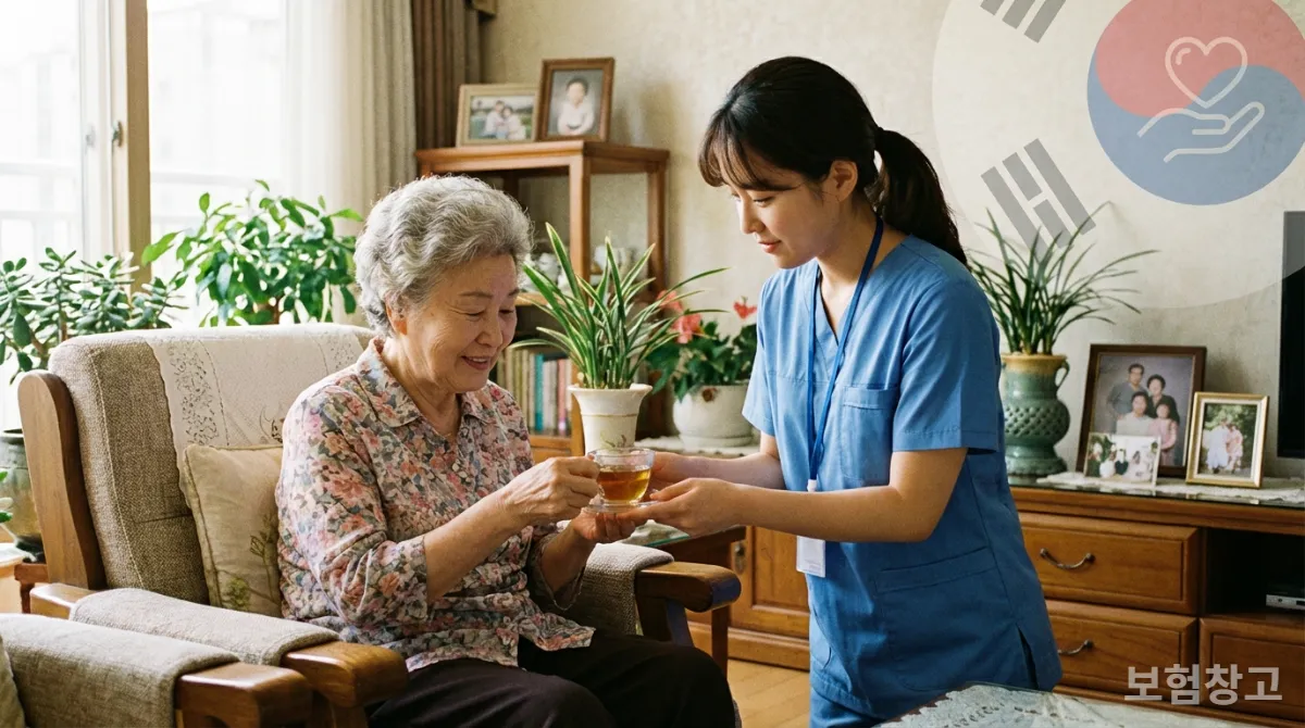 요양보호사에게 돌봄을 받는 노인과 국가 지원 제도를 상징하는 배경.