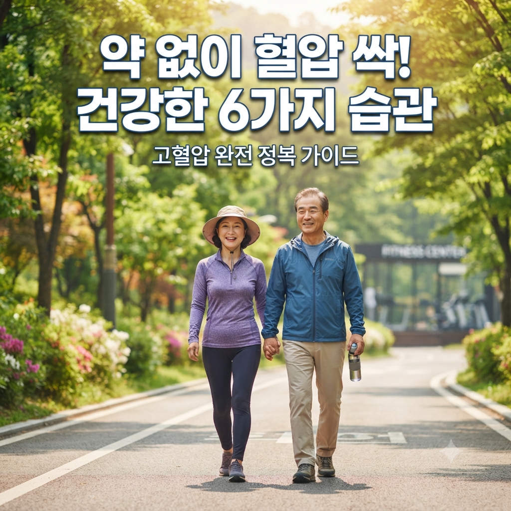 따뜻한 봄날, 푸르른 공원 산책로에서 건강한 노년 부부가 손을 잡고 활기차게 걷고 있다. 아내는 보라색 상의에 레깅스와 선캡을 착용했고, 남편은 파란색 바람막이와 베이지색 바지를 입고 물병을 들고 있다. 부부는 환하게 웃으며 카메라를 바라보고 있으며, 주변에는 나무와 꽃이 만개해 있다. 이미지 상단에는 흰색과 파란색 굵은 글씨로 "약 없이 혈압 싹! 건강한 6가지 습관"이라는 텍스트가, 하단에는 "고혈압 완전 정복 가이드"라는 부제목이 깔끔하게 오버레이되어 있다. 사진은 고화질의 자연광 스냅 사진 스타일로, 모바일 화면에 최적화된 비율과 구도를 갖추고 있다.