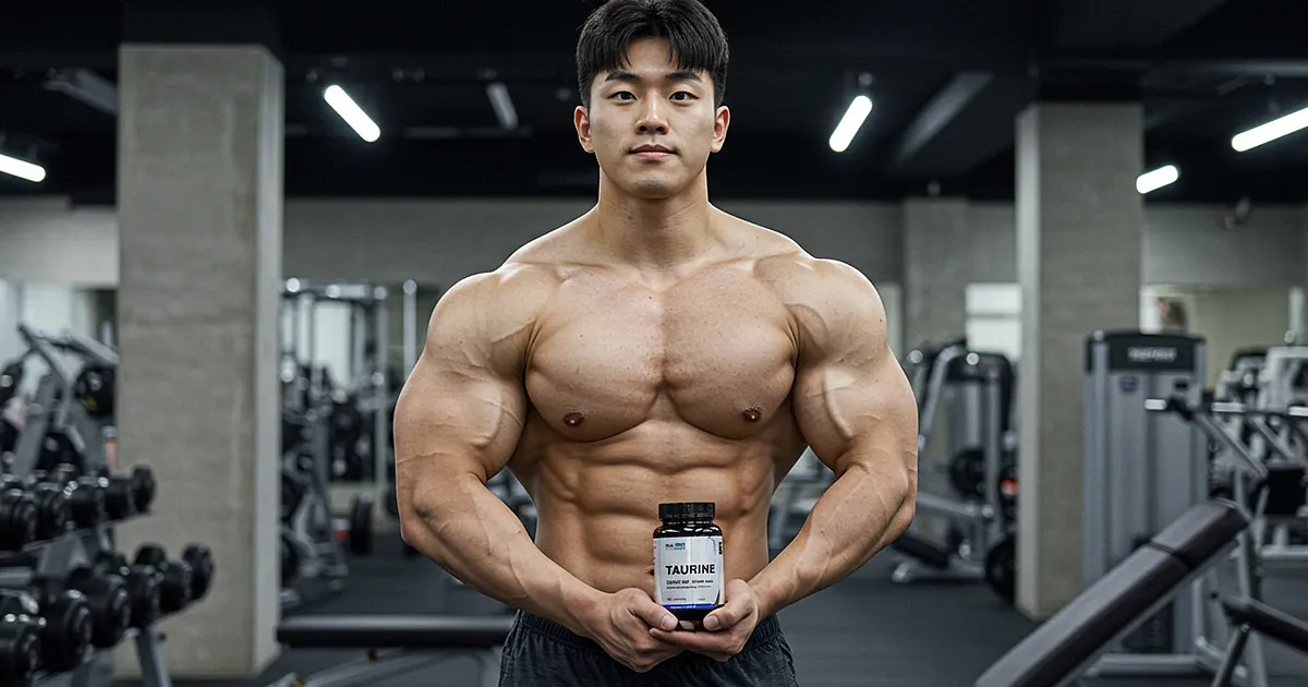 보디빌더가 헬스장에서 타우린 보충제를 들고 정면을 바라보는 사진
