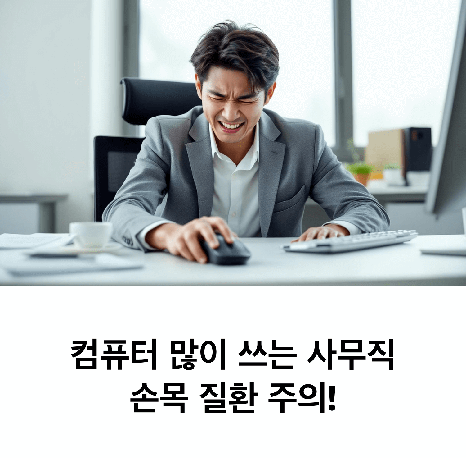 Korean office worker grimacing in pain while using computer mouse, clutching wrist, modern office setting, soft natural lighting