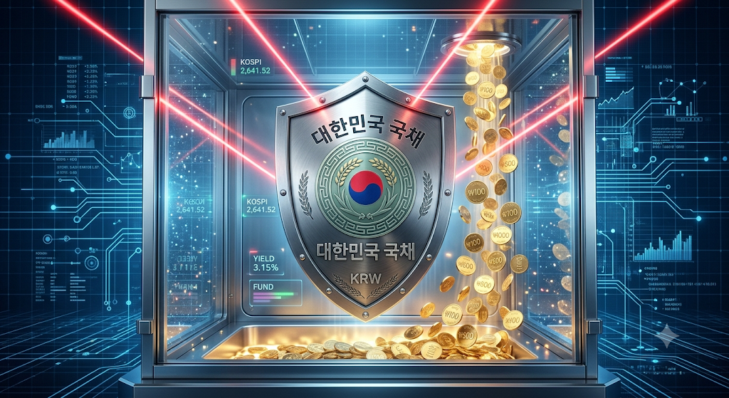 단단한 대한민국 국채 방패 위로 테슬라의 붉은빛 에너지 레이저와 황금빛 분배금 동전들이 안전하게 쏟아져 내리는 하이테크 금융 그래픽