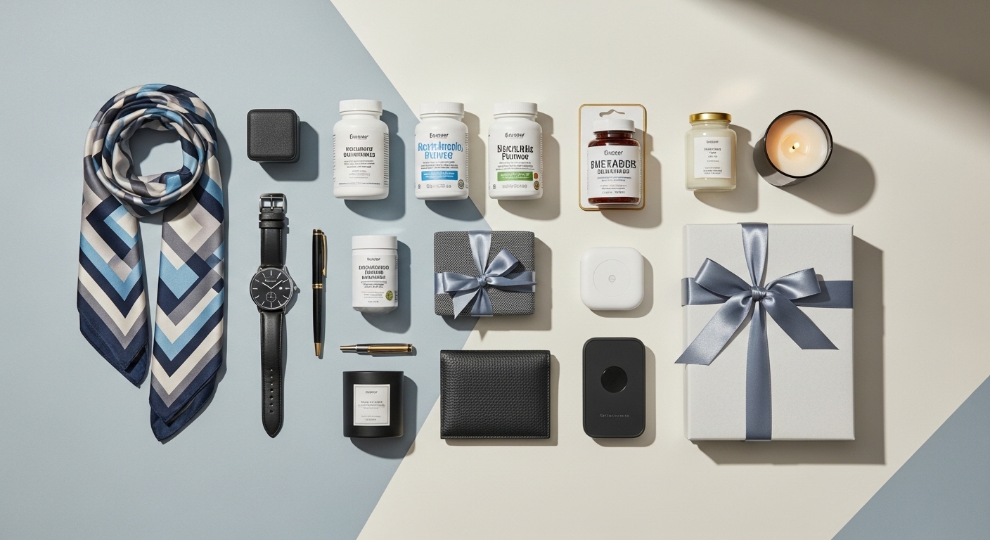 아버지와 어머니를 위한 다양한 생신 및 결혼기념일 선물들이 우아하게 놓여 있는 모습.