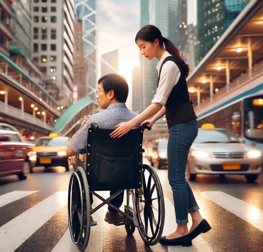 장애인활동지원사가 휠체어 장애인을 돌보는 장면