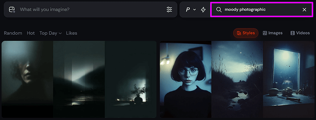 미드저니 Style Explorer의 Fuzzy Search 기능에 추천하는 'moody photographic' 등 키워드 목록_Midjourney