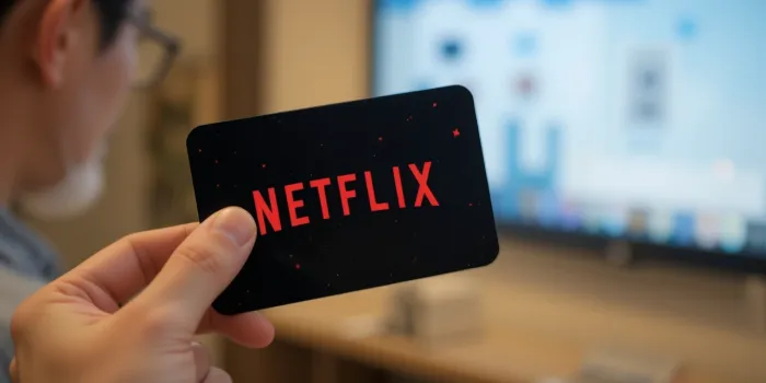 넷플릭스 기프트카드를 들고 화면을 가리키는 남성의 장면