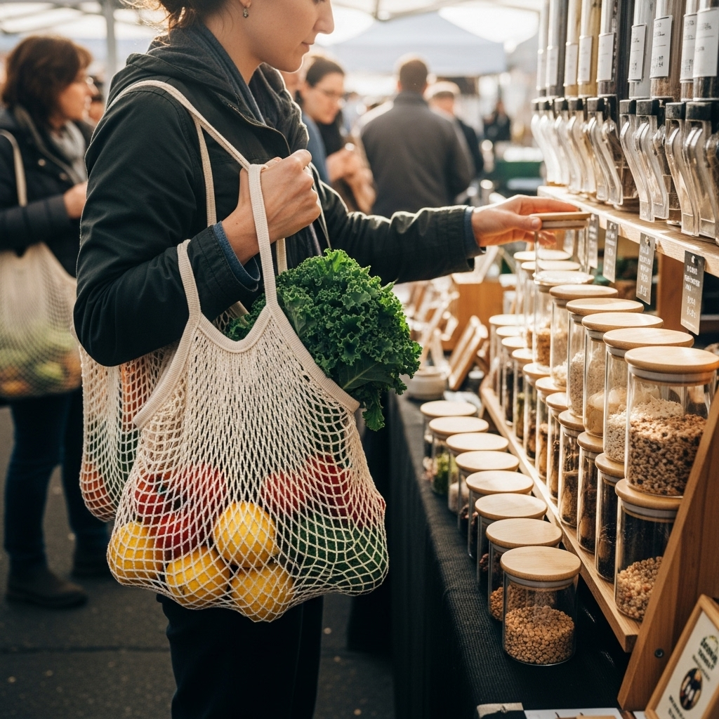시장에서 메쉬백을 사용해 채소와 과일을 담는 제로 웨이스트 장보기 모습