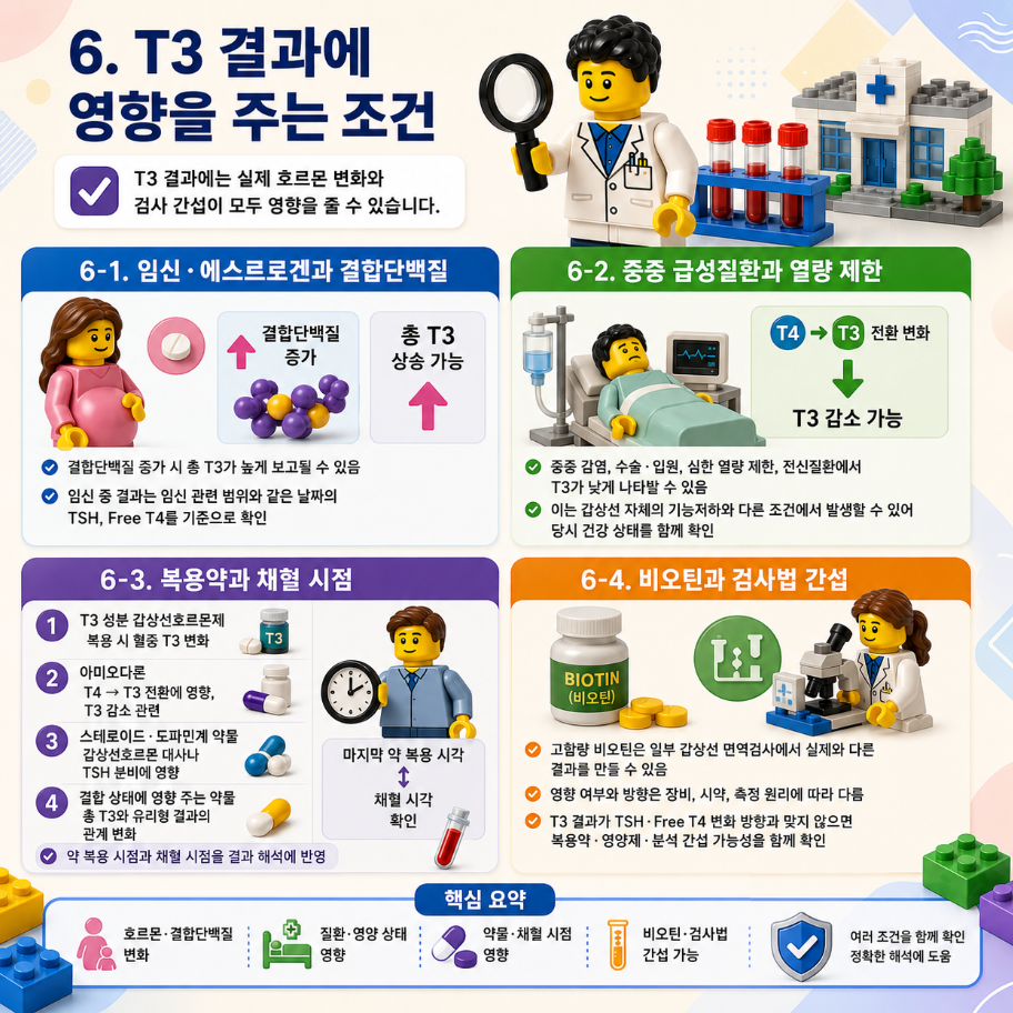T3 결과에 영향을 주는 임신, 약물, 급성질환, 비오틴과 검사 간섭 요인을 설명하는 레고 스타일 메디컬 인포그래픽