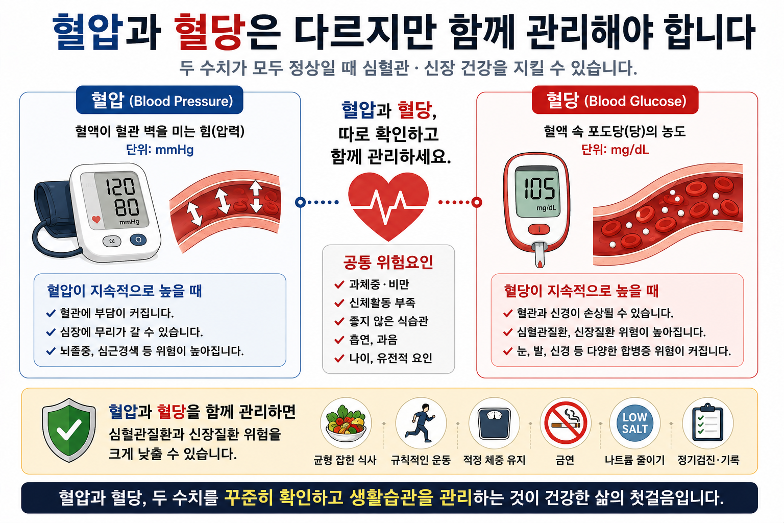혈압과 혈당의 차이 및 동반 관리 필요성을 설명하는 개념 그림