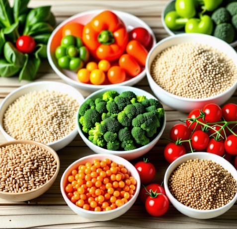 통곡물이 그릇에 각각 담겨있고, 야채들이 각각 담겨 있습니다.