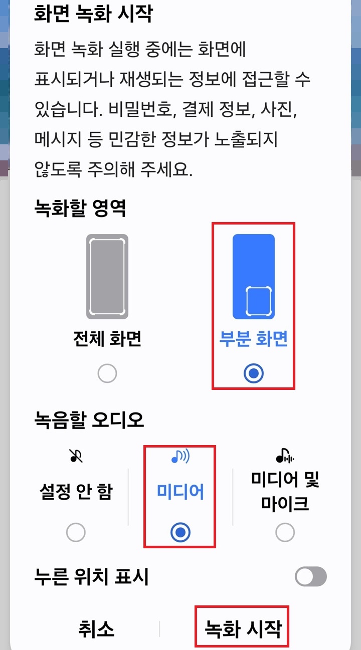 화면 녹화 시작 설정 페이지 보임