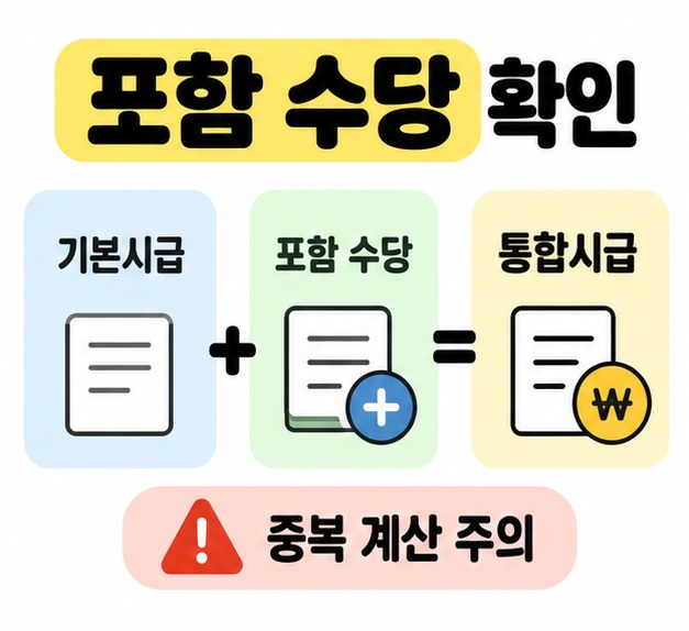 기본시급에 포함 수당을 더하면 통합시급이 되는 수식과 중복 계산 주의 문구를 보여주는 도식