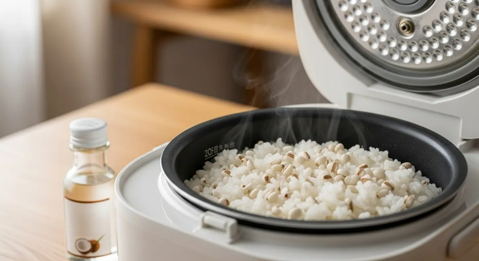 전기밥솥에서 코코넛오일을 넣은 율무 쌀밥이 맛있게 지어진 모습