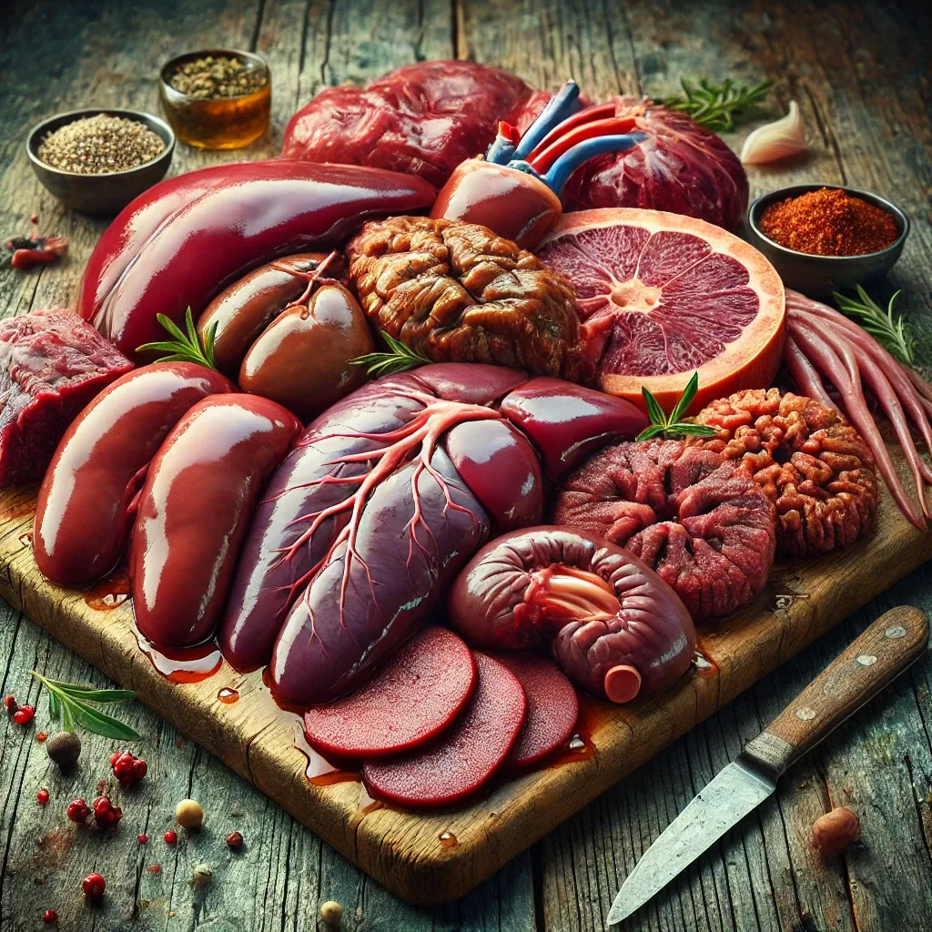 나무 도마 위에 진열된 간, 신장, 심장, 내장 등 다양한 내장류 고기와 주변의 허브와 향신료를 강조한 요리용 이미지