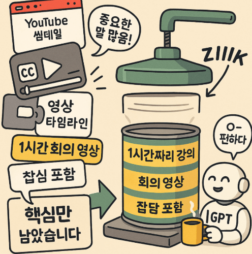 영상 정보들이 통조림 기계에 들어가 핵심 요약으로 압축되는 모습을 묘사한 일러스트. AI 로봇이 커피를 마시며 편하게 요약 결과를 확인하고 있다.