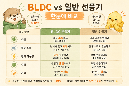 BLDC 선풍기와 일반 선풍기의 소음, 풍속 조절, 전기 사용량, 수명, 가격을 한 눈에 비교한 표