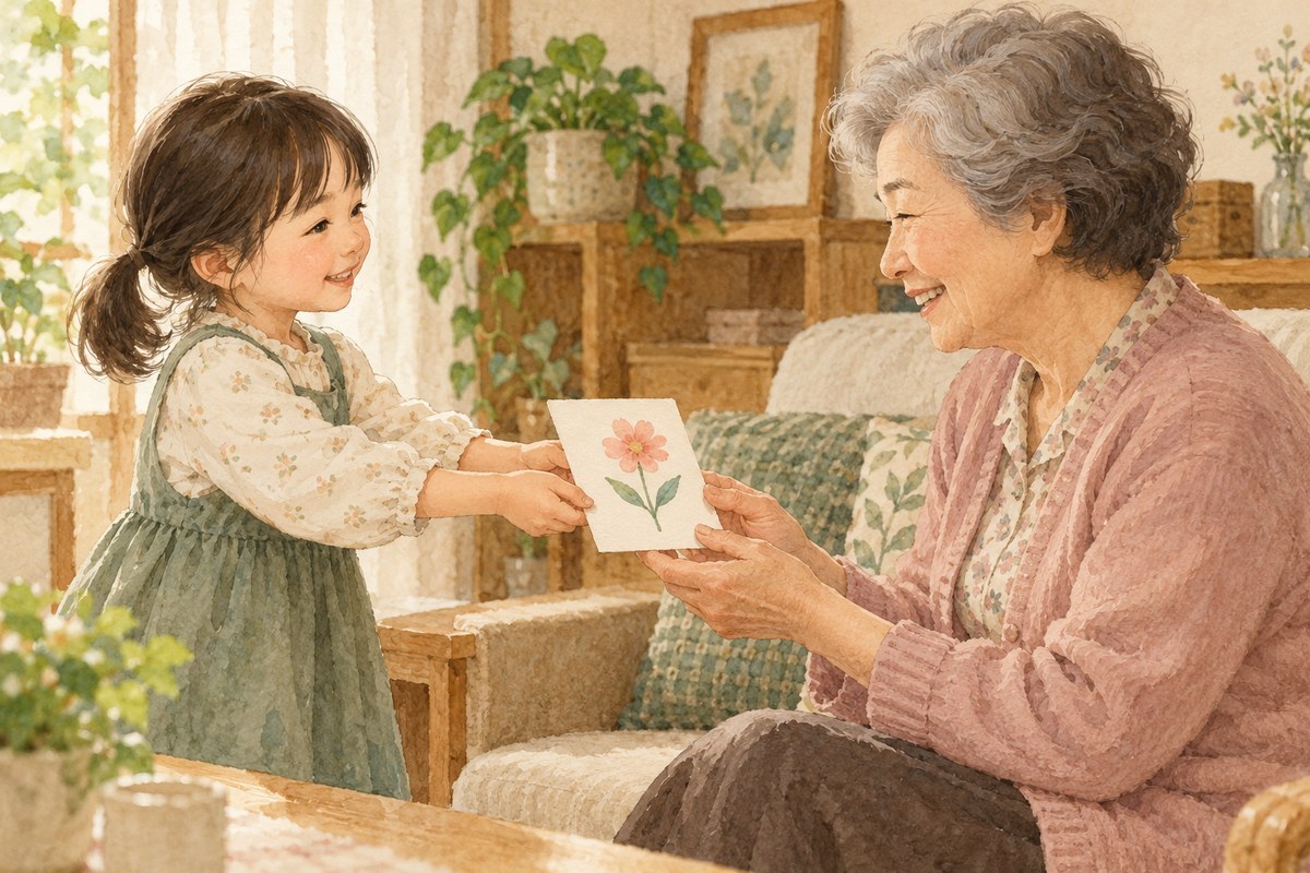 할머니께 꽃 그림 감사카드를 건네는 손주