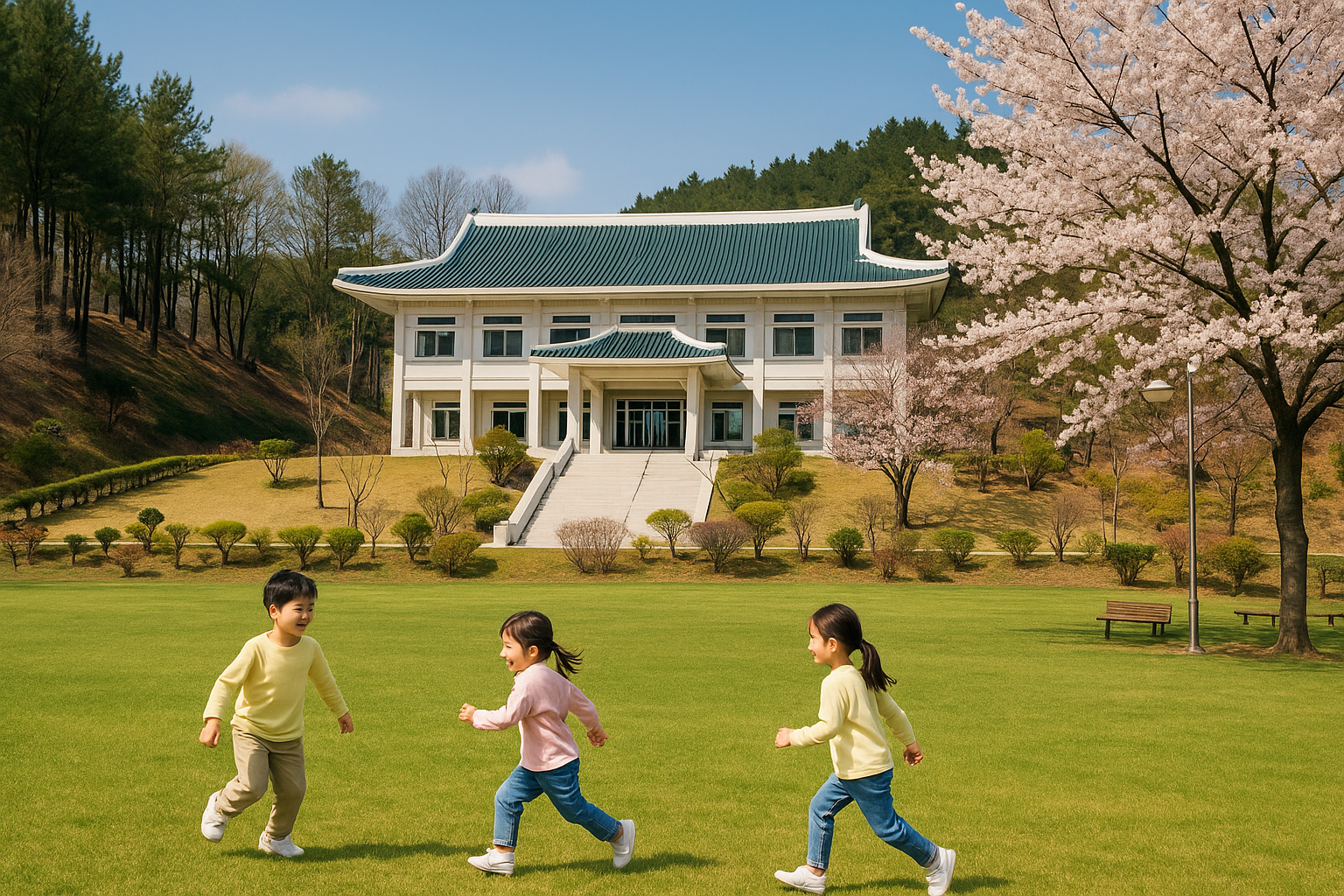 청남대 앞 잔디광장에서 아이들이 뛰어노는 봄날 풍경