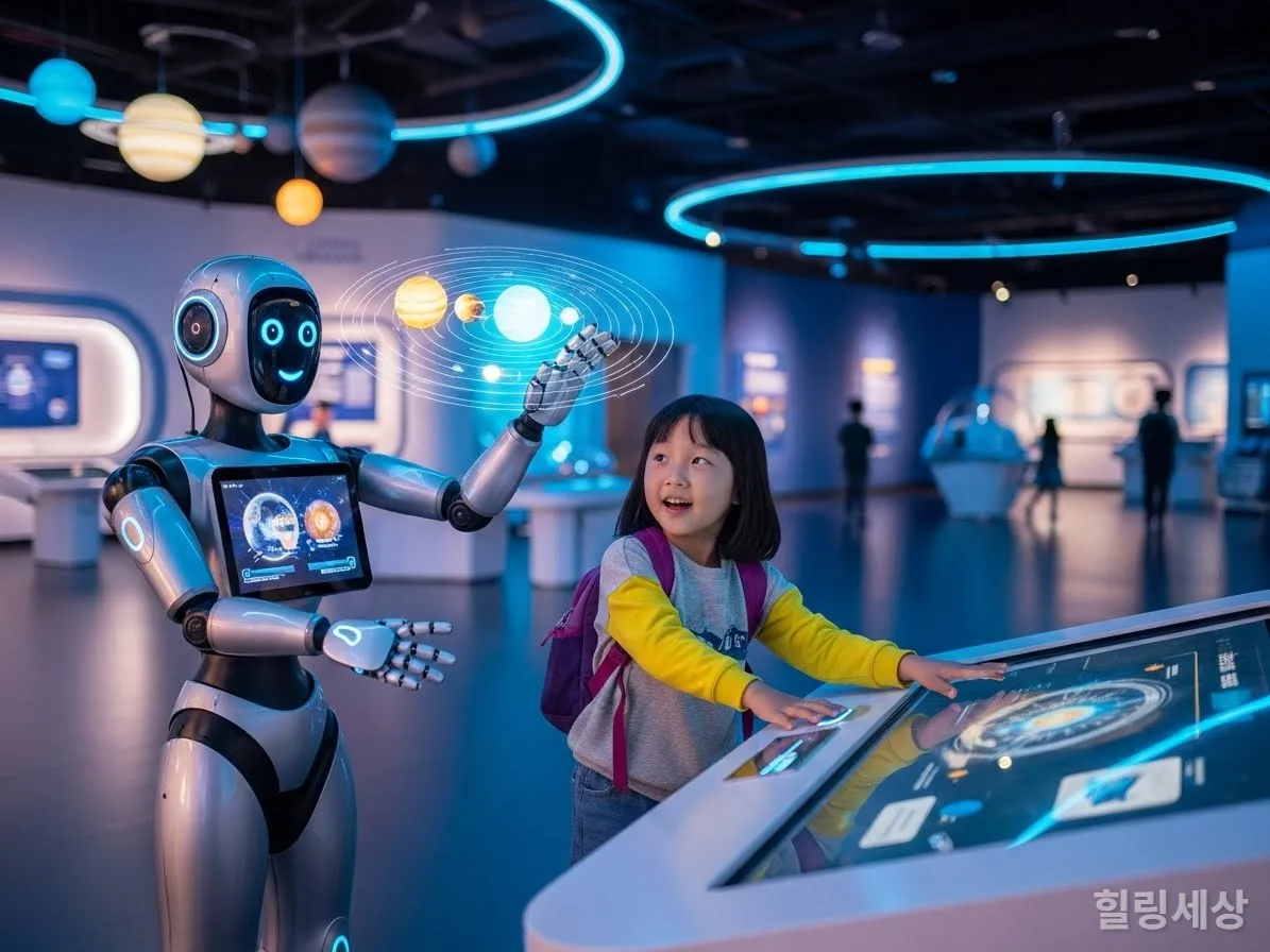 과학관에서 AI 로봇 가이드와 상호작용하며 체험하는 한국 어린이
