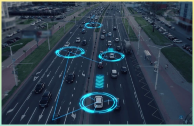 자율주행차의 상호작용을 시각화한 이미지. 로봇 자동차는 AI에 의해 제어되며, 복잡한 도심 도로를 따라 주행하고, 센서로 도로를 스캔하며 정보를 교환.
