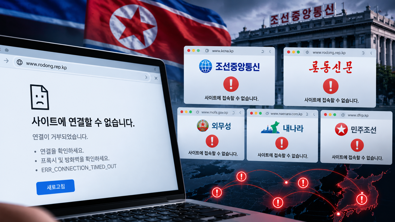 2026년 10월 북한 노동신문과 조선중앙통신, 외무성 등 주요 웹사이트 접속 장애를 표현한 이미지