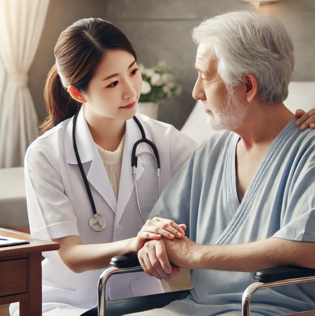 의료진이 말기 환자에게 따뜻하게 돌봄을 제공하는 모습