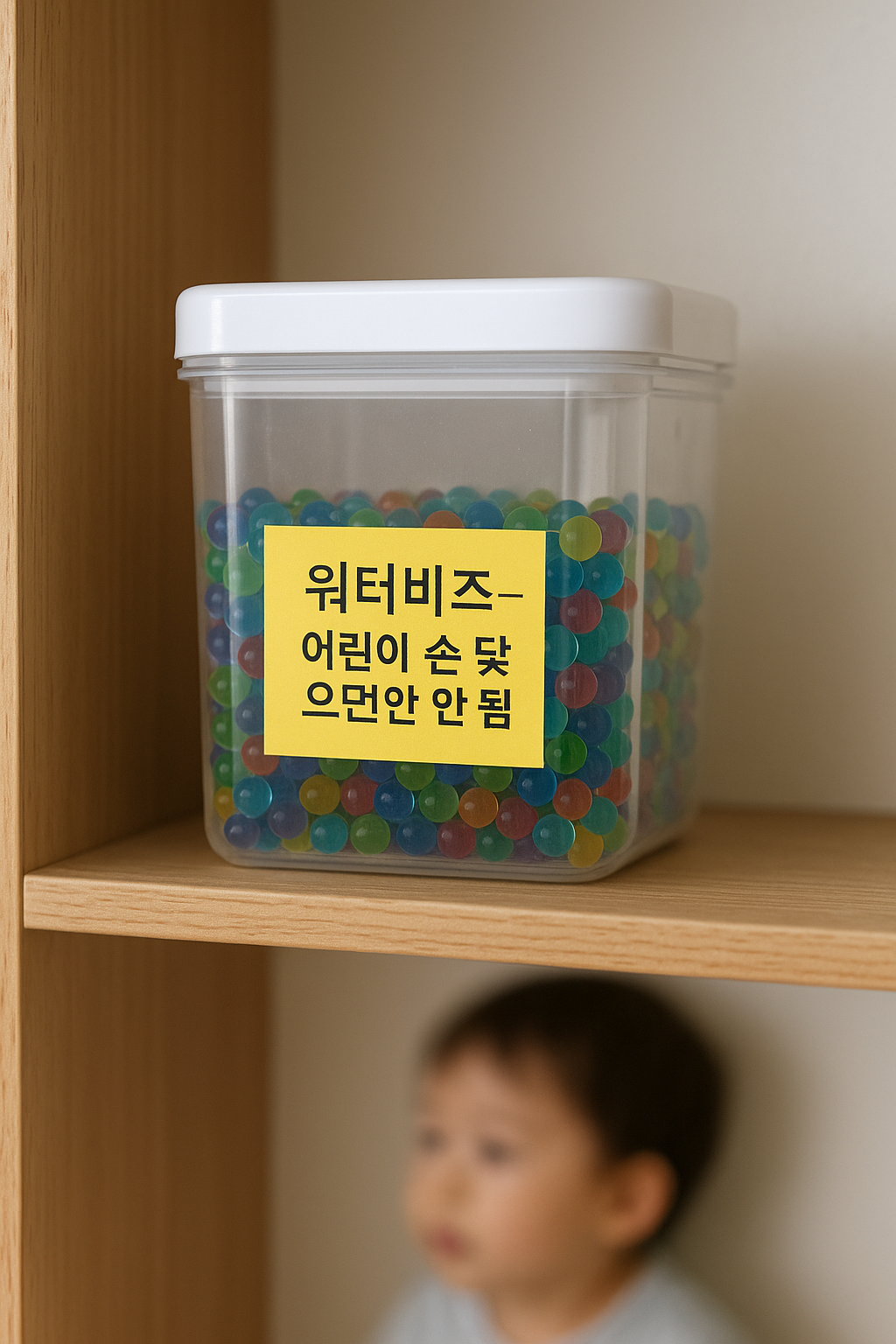 워터비즈를 투명 밀폐용기에 담고 '어린이 손 닿으면 안 됨' 라벨을 붙여 높은 선반에 올리는 장면