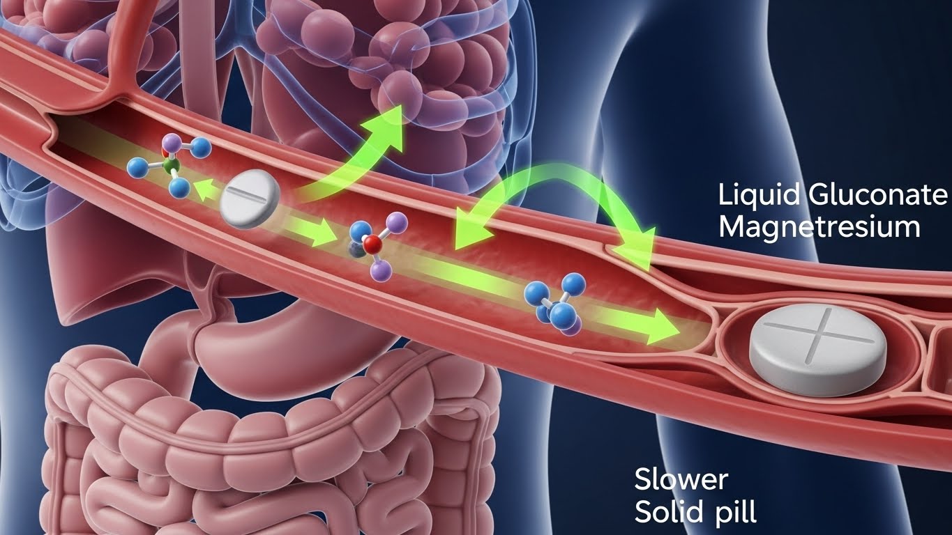 고체 알약의 느린 흡수에 비해 액체 글루콘산 마그네슘이 인간 혈류로 빠르게 흡수되는 경로를 보여주는 과학적 삽화를 클로즈업한 것입니다.