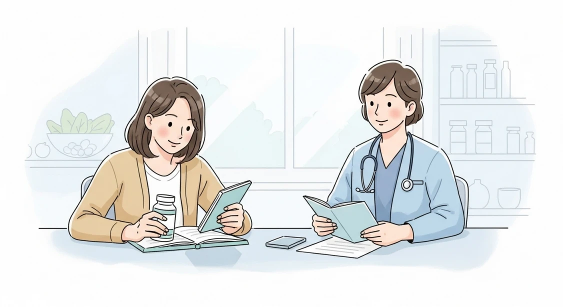 마그네슘 영양제 라벨을 꼼꼼히 확인하고 전문가와 상담하여 올바르게 섭취하는 사람의 모습.