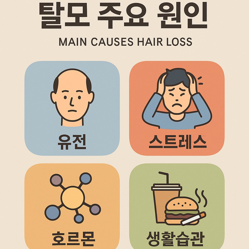 탈모 주요 원인 인포그래픽: 유전, 스트레스, 호르몬, 생활습관