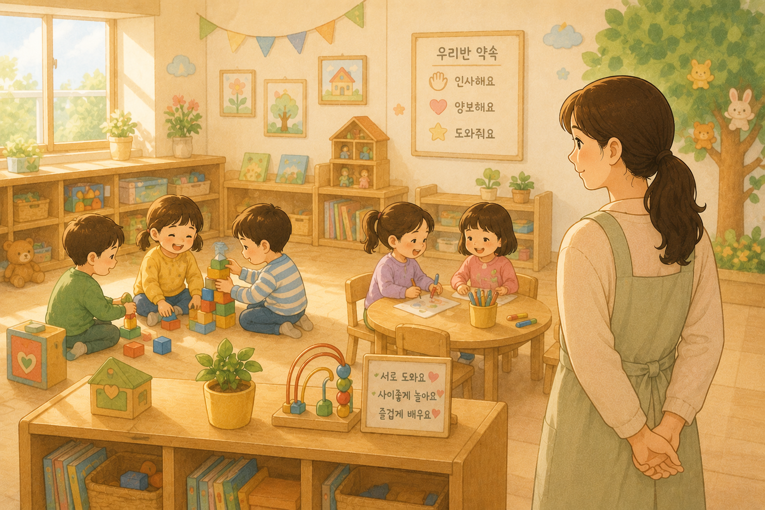 교실에서 친구들과 놀이하는 아이를 멀리서 바라보는 교사