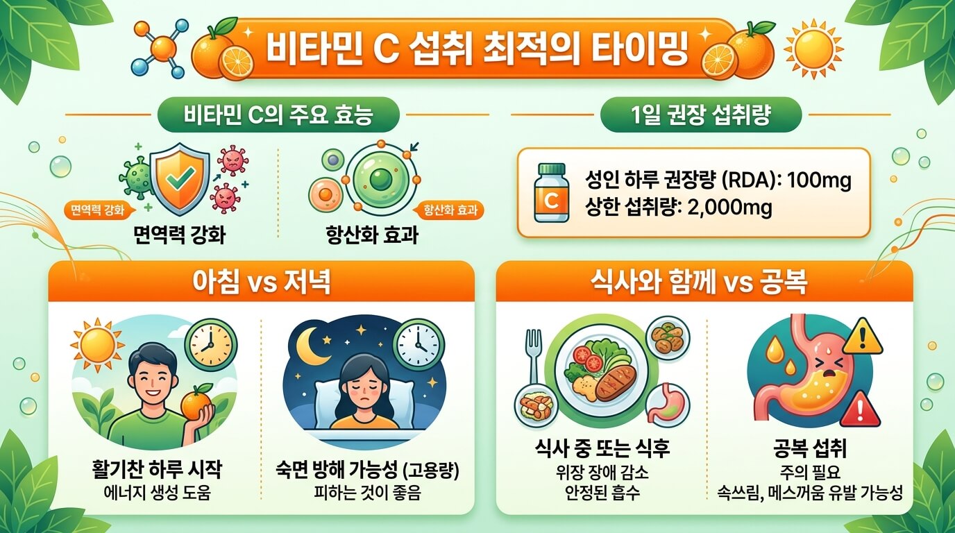 비타민C를 언제 먹어야 효과적인지 설명하는 인포그래픽