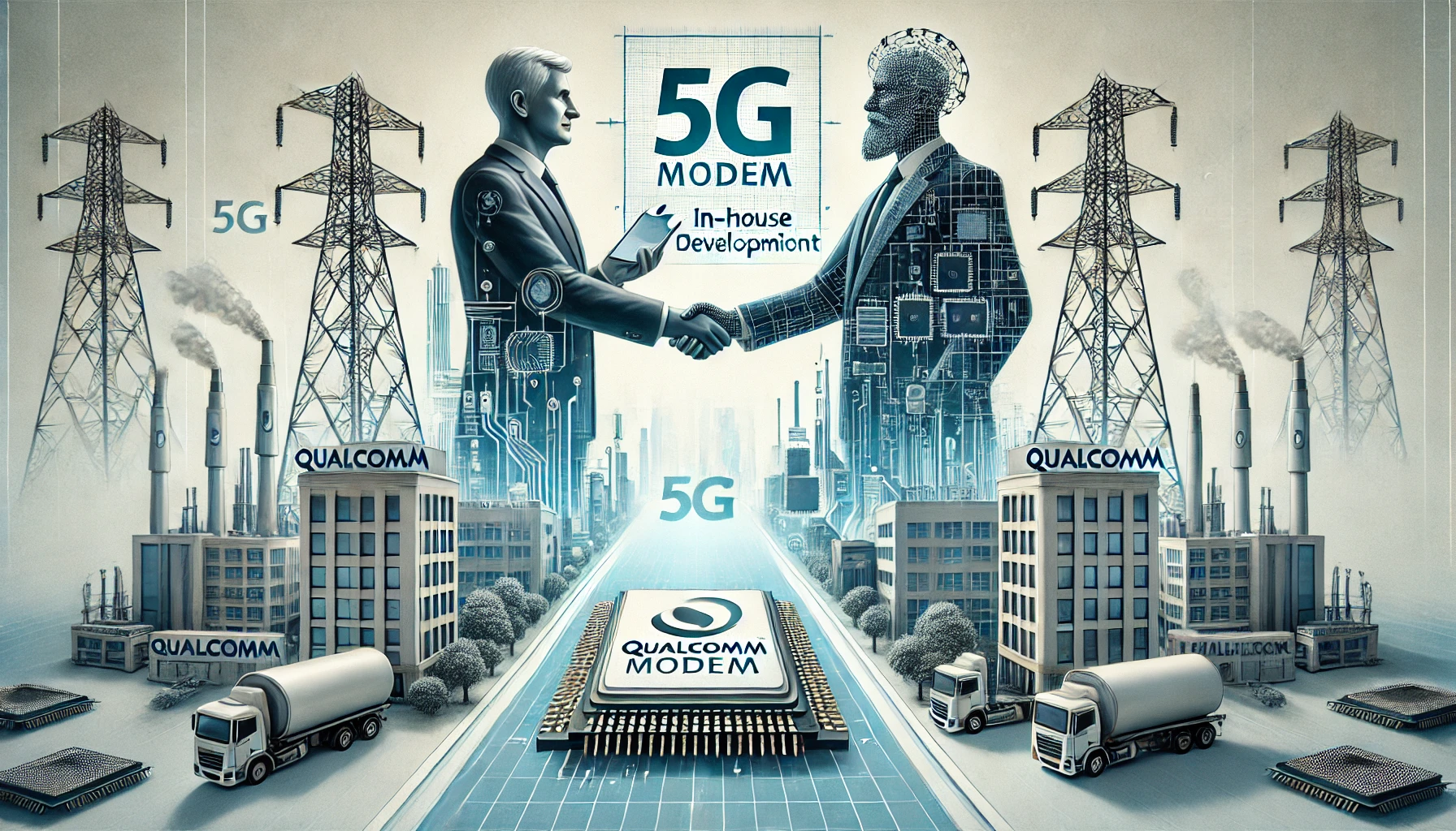 애플과 퀄컴: 5G 모뎀칩 공급 연장과 자체 개발의 균형을 표현한 그림