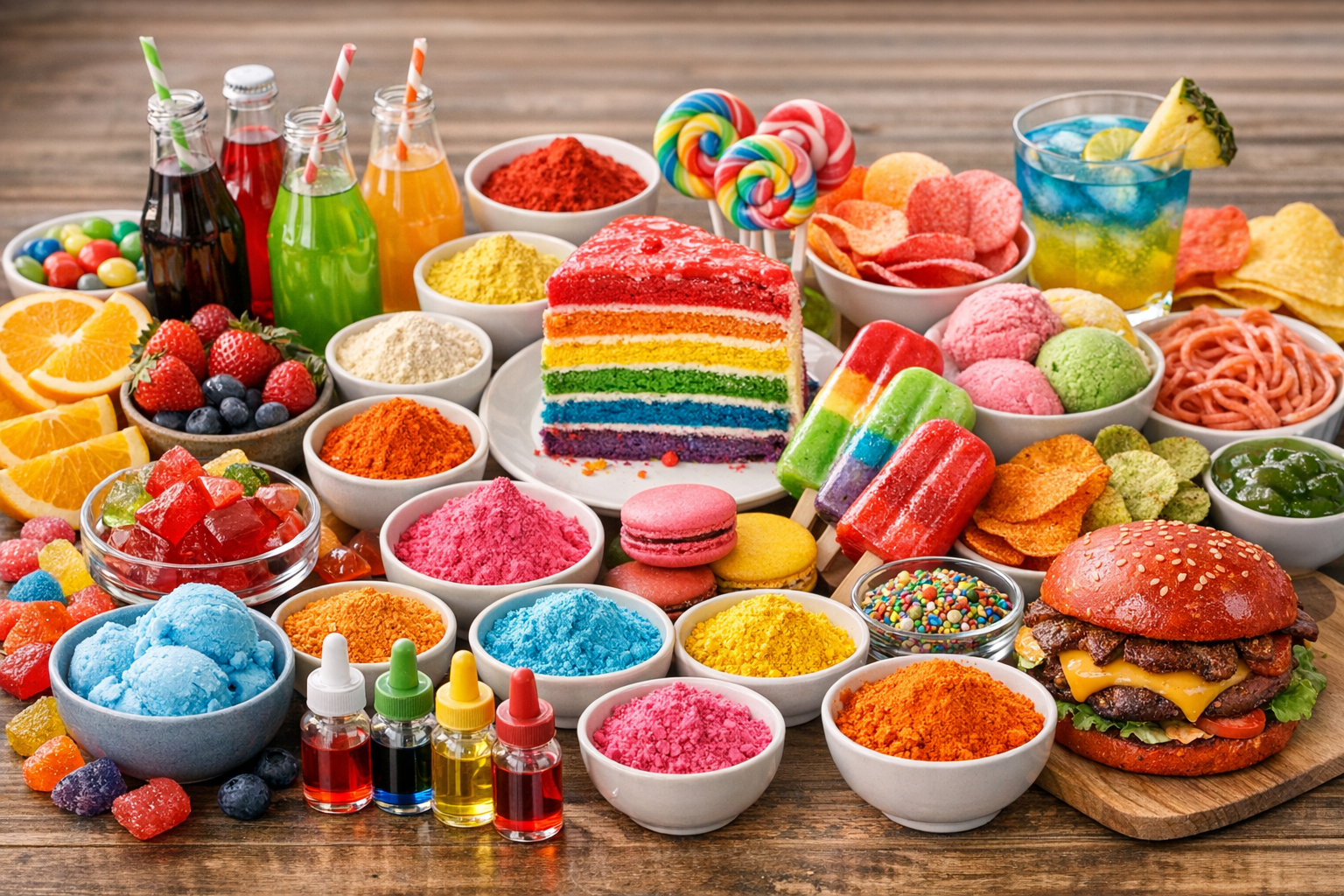 다양한 색상의 식품과 음료 이미지