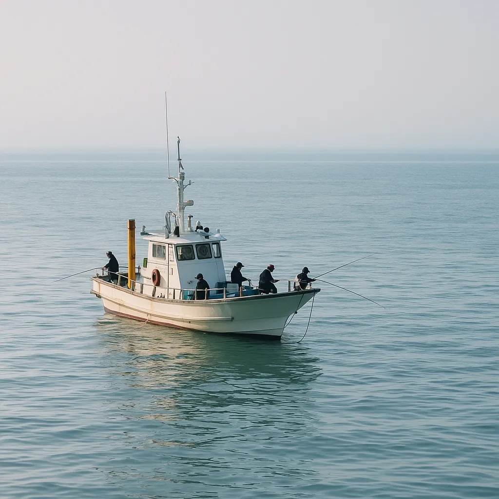 서해 바다 위에서 낚시하는 낚싯배와 사람들