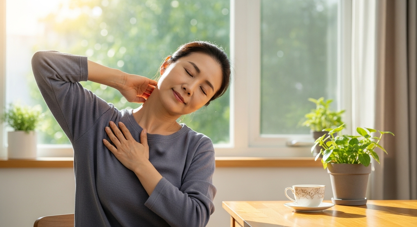 50대 한국인 여성이 창가에서 가벼운 스트레칭과 호흡을 한다