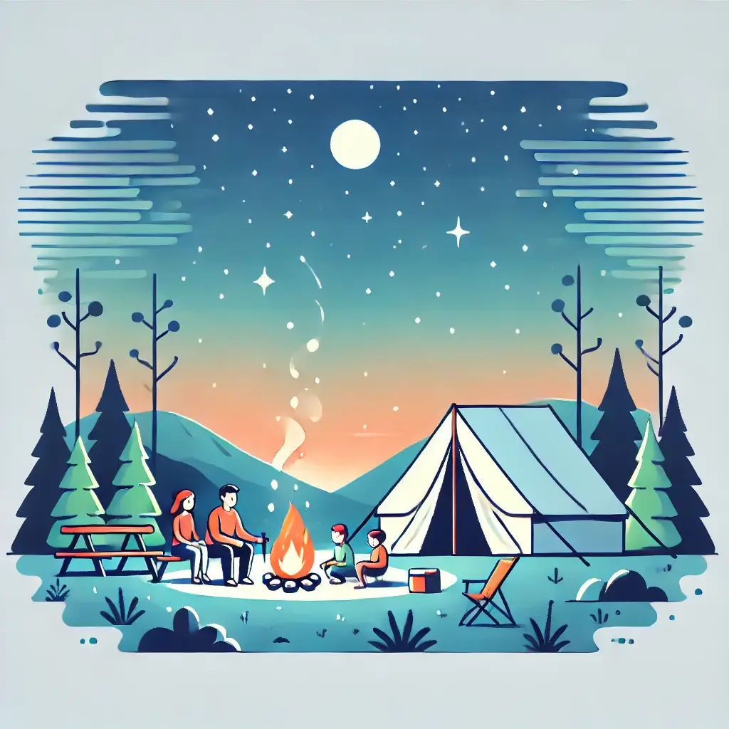 캠핑장에서 가족이 모닥불 주위에서 함께 시간을 보내는 모습.