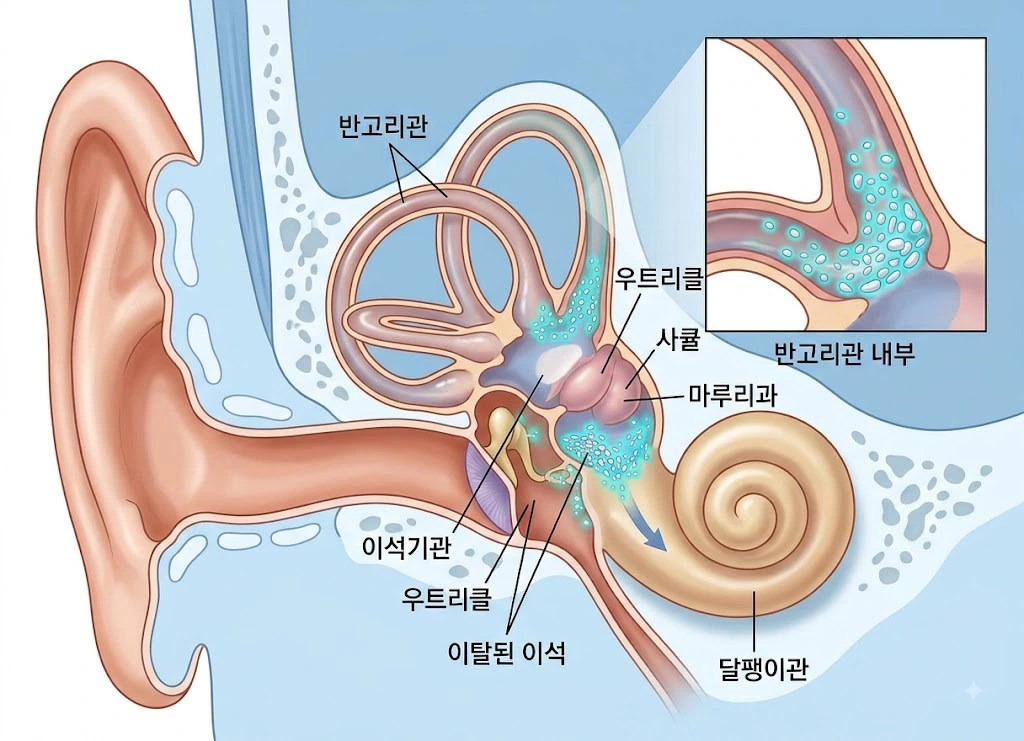 이석증과 이명의 원인이 되는 귀 내부 반고리관 및 전정기관 구조 그림