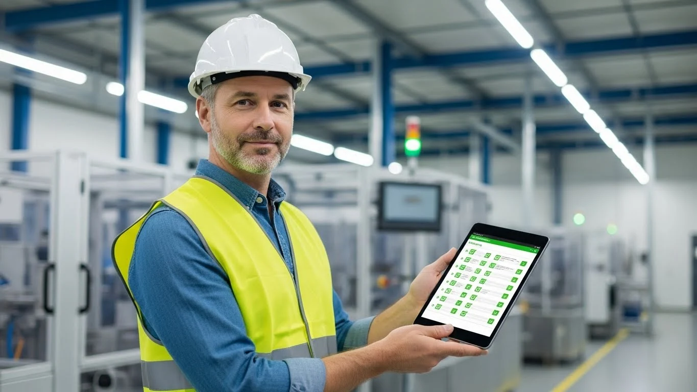 안전모를 쓴 안전관리자가 깨끗한 공장 현장에서 태블릿 PC를 보며 안전보건관리체계 체크리스트를 점검하고 있는 모습.