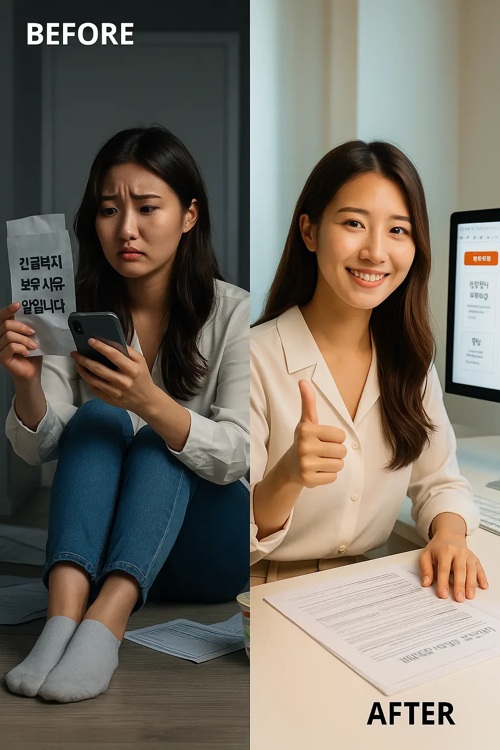 긴급복지 보류 통보 후 재심을 준비하는 시민과 해결 후 미소 짓는 모습